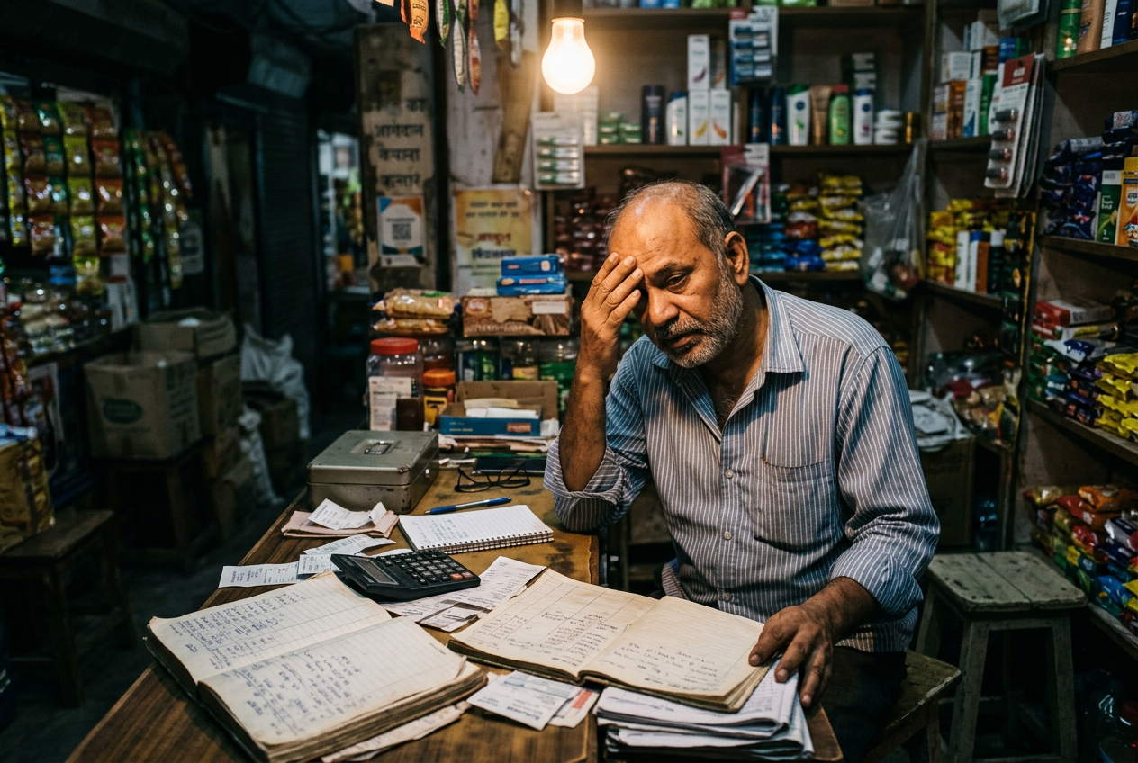 Indian shop owner working late over his ledgers